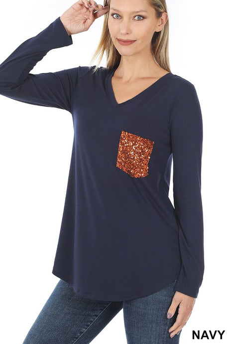 Sequin Pocket Top - Navy