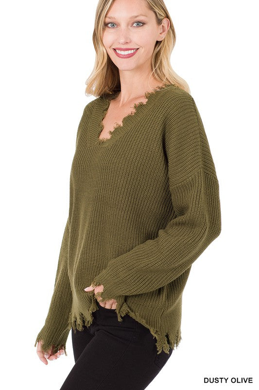 Drop Shoulder Distressed Sweater - Olive (XS-XL)