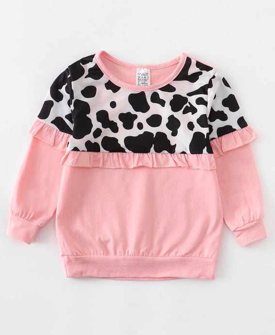 Girls Pink Cow Ruffle Pullover