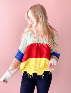 Commitment Frayed Sweater - Colorblock