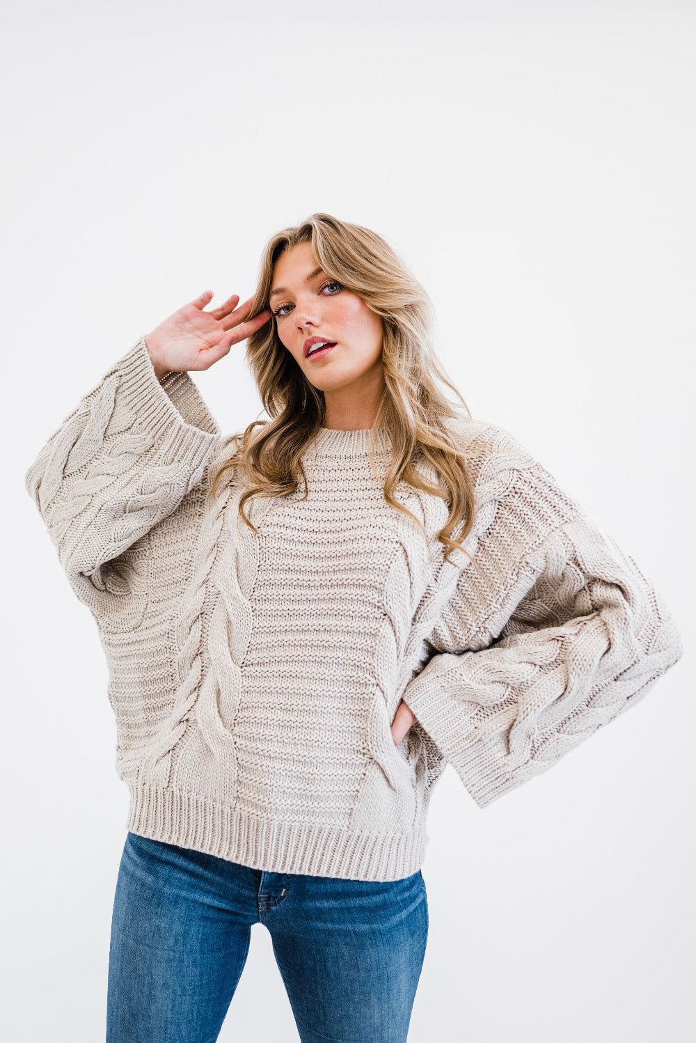 Oversized Bell Sleeve Cable Knit Sweater - Grey