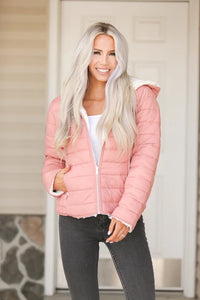 Reversible Sherpa Puffer Jacket - Mauve - Large