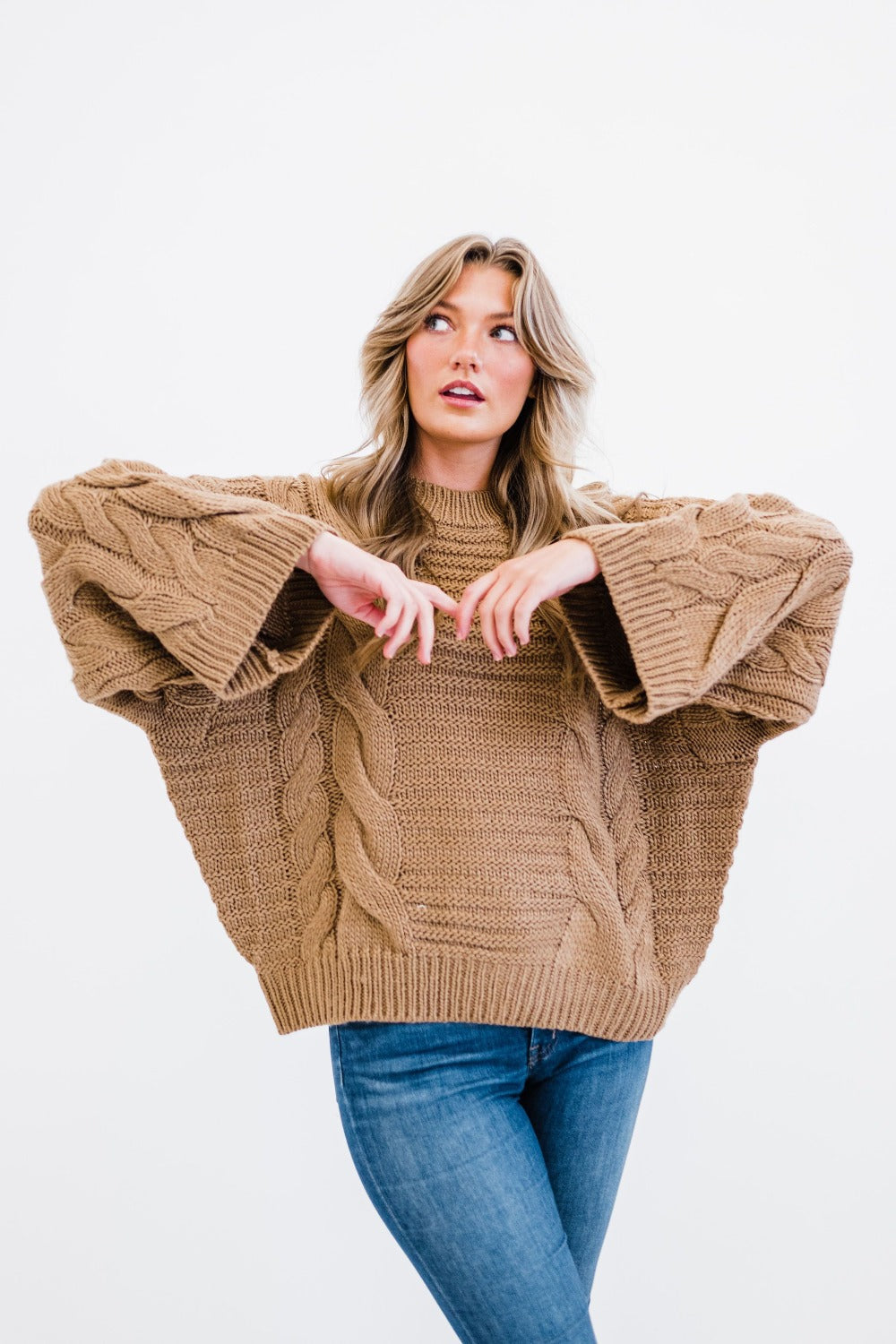 Oversized Bell Sleeve Cable Knit Sweater - Camel