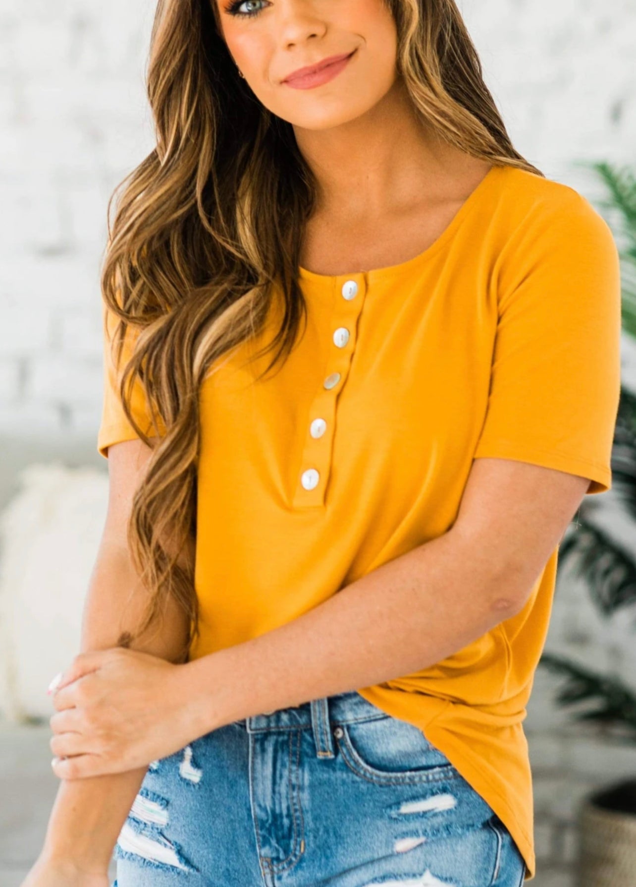 Half Button Top in Mustard -- LARGE