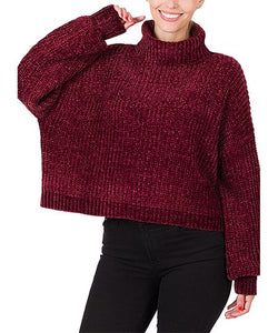 Chenille Cropped Balloon Sleeve Sweater in Burgundy